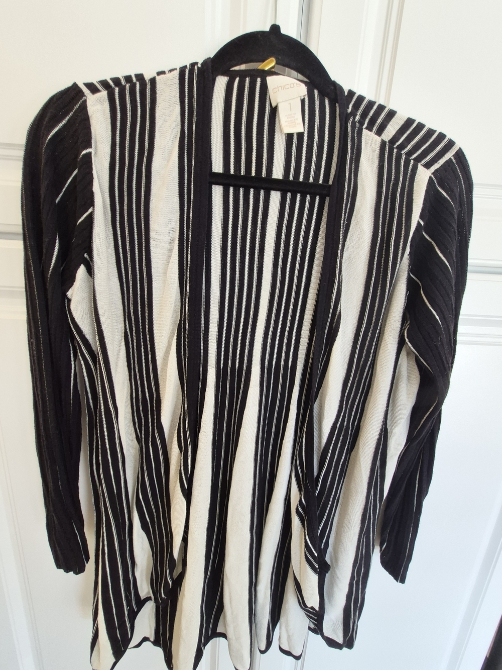 Chico's Black and White Vertical Stripe Cardigan Size 1 (Medium US 10)